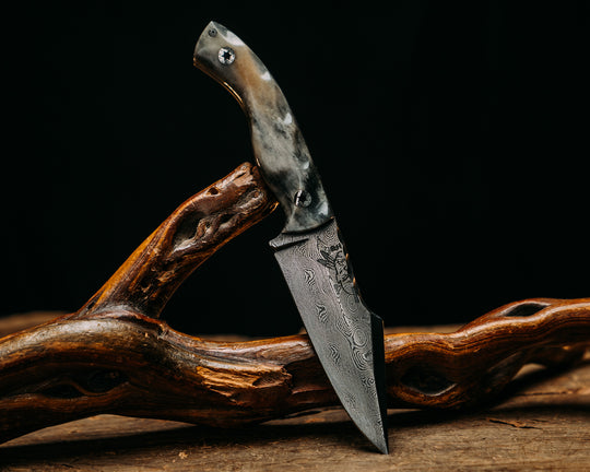 Widow Maker Jr- Baker Forge Raindrop Damascus- Dyed Giraffe Bone, Mosaic Pins, Textured Grip