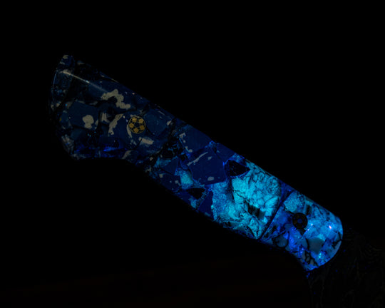 Chef Blade- Baker Forge Ladder Stainless Damascus- Crushed White with Black Web Tru-stone, Crushed Sodalite Tru-stone and Blue and White Crushed Stone in Resin, Mosaic Pins, Smooth Grip