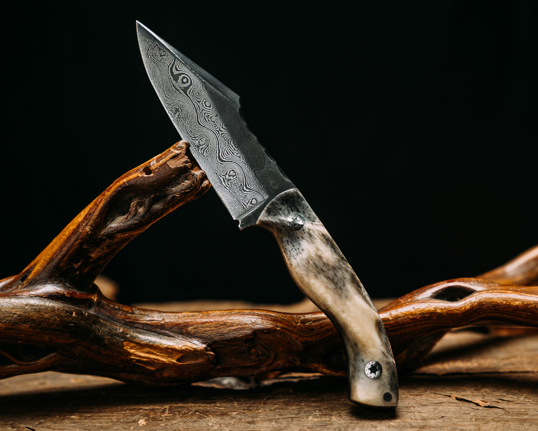Widow Maker Jr- Baker Forge Raindrop Damascus- Dyed Giraffe Bone, Mosaic Pins, Textured Grip
