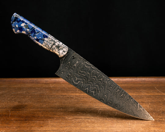 Chef Blade- Baker Forge Ladder Stainless Damascus- Crushed White with Black Web Tru-stone, Crushed Sodalite Tru-stone and Blue and White Crushed Stone in Resin, Mosaic Pins, Smooth Grip