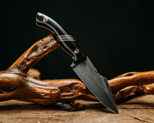 Widow Maker Jr- Baker Forge Random Pattern Damascus- Bison Horn, Black G10, Coyote G10 and Aluminum Split, Patriot Mosaic Pins, Smooth Grip