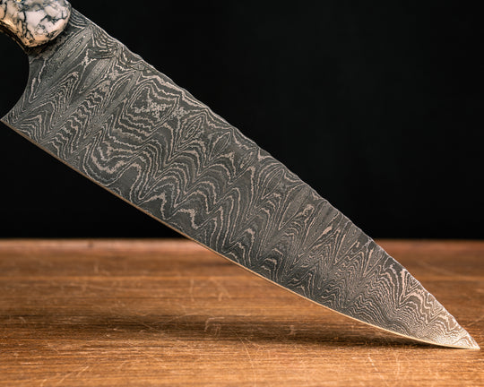 Chef Blade- Baker Forge Ladder Stainless Damascus- Crushed White with Black Web Tru-stone, Crushed Sodalite Tru-stone and Blue and White Crushed Stone in Resin, Mosaic Pins, Smooth Grip