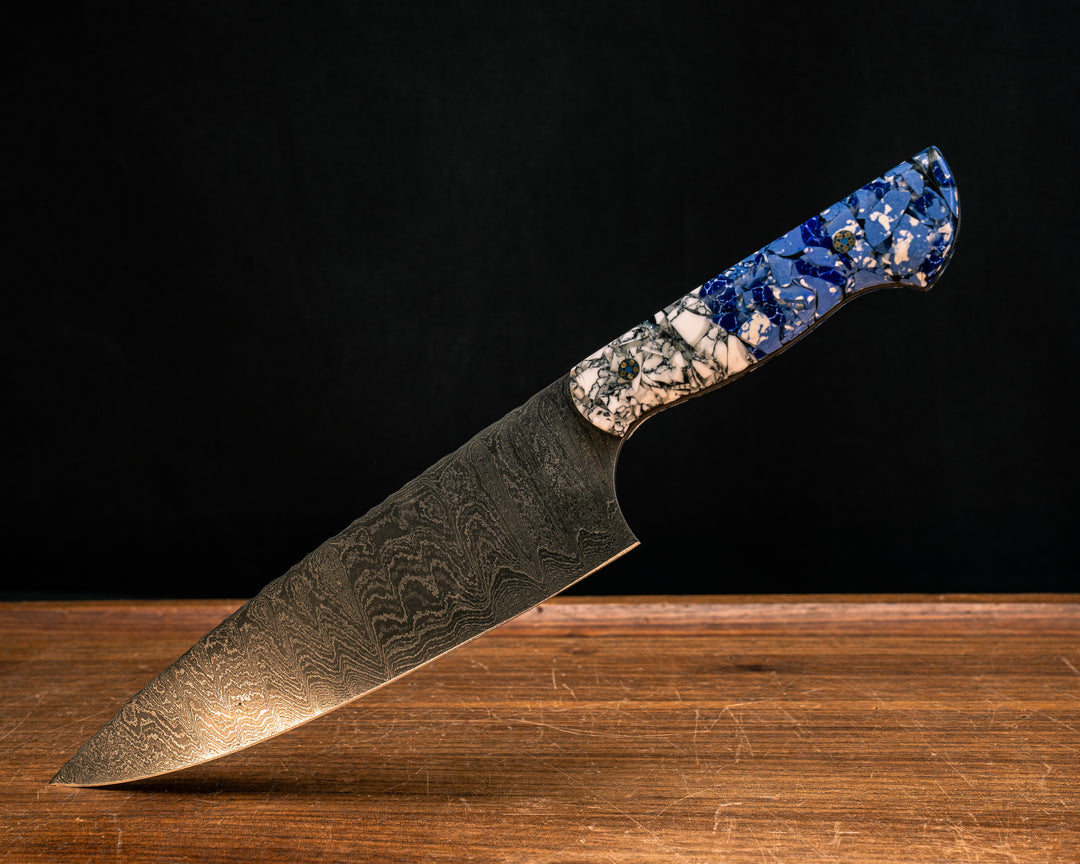 Chef Blade- Baker Forge Ladder Stainless Damascus- Crushed White with Black Web Tru-stone, Crushed Sodalite Tru-stone and Blue and White Crushed Stone in Resin, Mosaic Pins, Smooth Grip