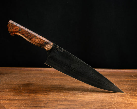 Chef Blade- Baker Forge Random Pattern Stainless Damascus- Hawaiian Curly Koa, Black G10 and Brass Liner, Mosaic Pins, Smooth Grip