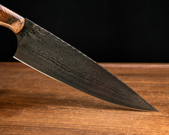 Chef Blade- Baker Forge Random Pattern Stainless Damascus- Hawaiian Curly Koa, Black G10 and Brass Liner, Mosaic Pins, Smooth Grip