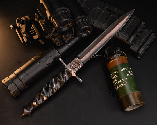 V-42 Dagger- Baker Forge Random Pattern CopperMai- Dyed Redwood, Black G10 and Aluminum Pin Striping, Blue Dark Matter Carbon and Black Canvas Micarta Split, Mosaic Pins, Textured Grip
