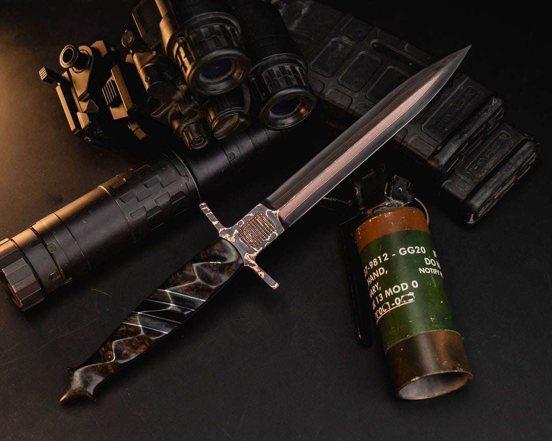 V-42 Dagger- Baker Forge Random Pattern CopperMai- Dyed Redwood, Black G10 and Aluminum Pin Striping, Blue Dark Matter Carbon and Black Canvas Micarta Split, Mosaic Pins, Textured Grip