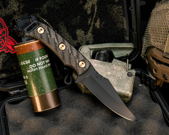 Tosahwi- Gold Camo Carbon, Armor Black Cerakote, Brass Allen Bolts, Textured Grip