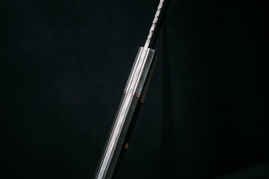 Katana- Baker Forge FireStorm - Chevron (Dam Core)- Meteorite, Black G10 and Copper Split, Carbon Fiber Mosaic Pins, Smooth Angled Grip