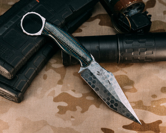 Ringed Tac Tanto- Kamari Burlap Micarta, Black Micarta Pins, Smooth Grip
