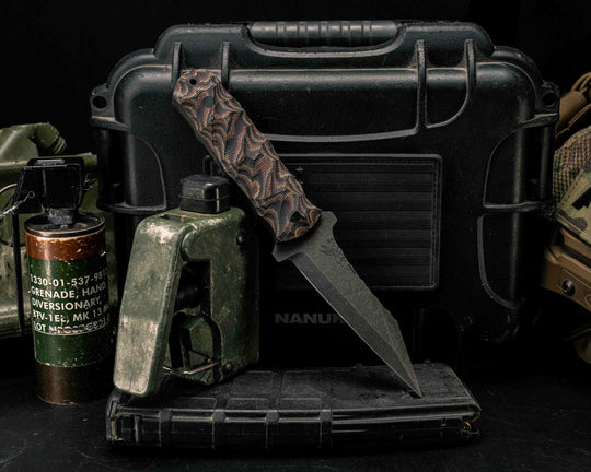 Combat Dirt Nap- Python Canvas Micarta, CF Pins, CF Lanyard Pin, Textured Grip