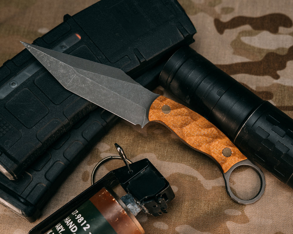 Ringed Tac Tanto- Castille Jute Micarta, OD Green Micarta Pins, Chaos Grip
