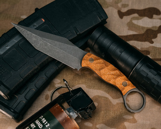 Ringed Tac Tanto- Castille Jute Micarta, OD Green Micarta Pins, Chaos Grip