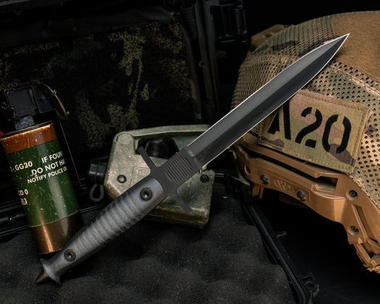 V-42 Dagger- Ghost and Black G10, Armor Black Cerakote, Allen Bolts, Textured Grip