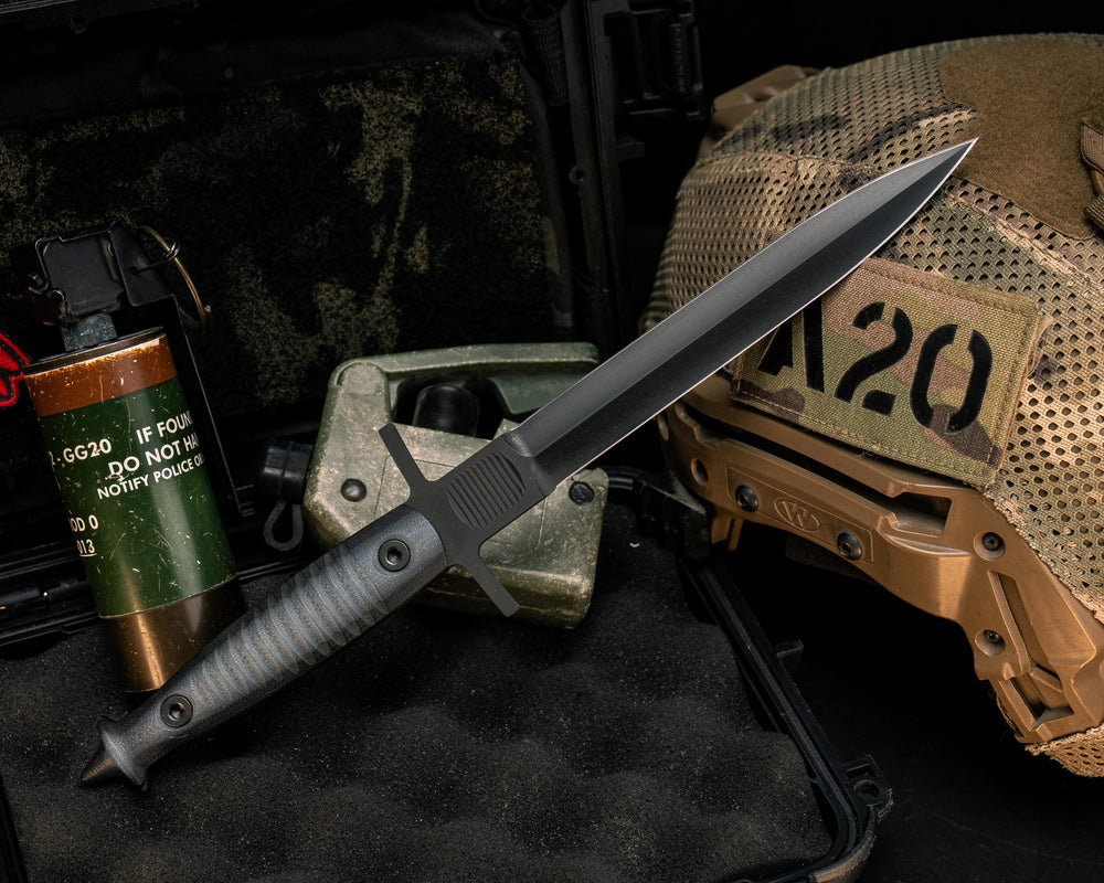 V-42 Dagger- Ghost and Black G10, Armor Black Cerakote, Allen Bolts, Textured Grip