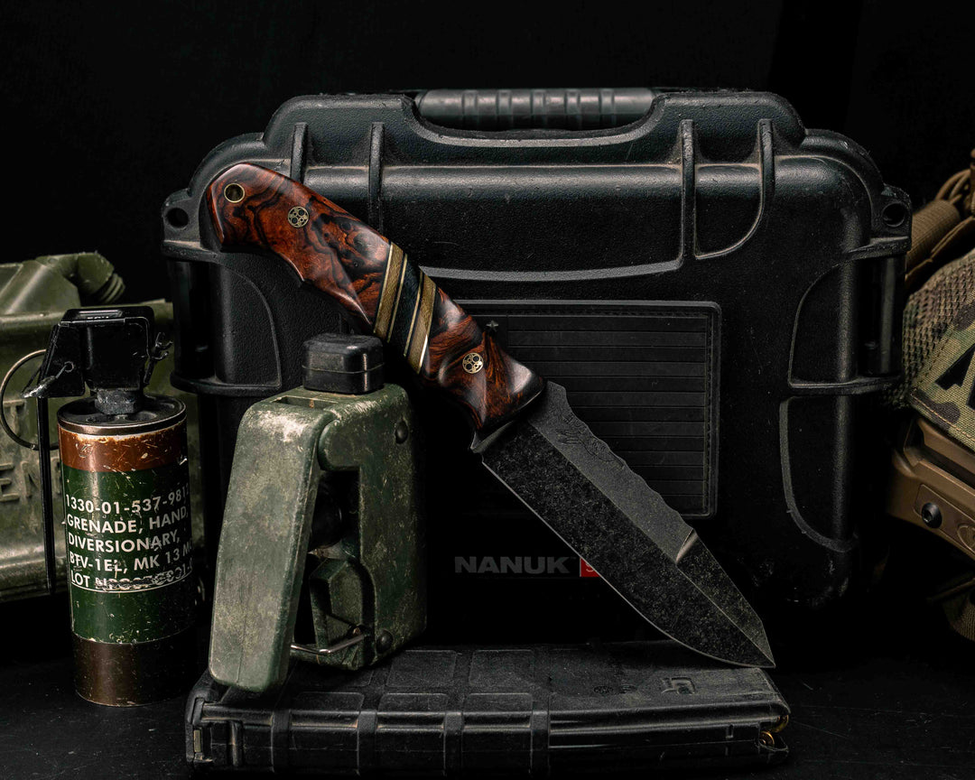 Disaster Breacher Gen 3- Desert Ironwood, Black G10 and Brass Pin Striping, OD Green Canvas Micarta and Black Canvas Micarta Split, Mosaic Pins, Brass Lanyard Pin, Textured Grip