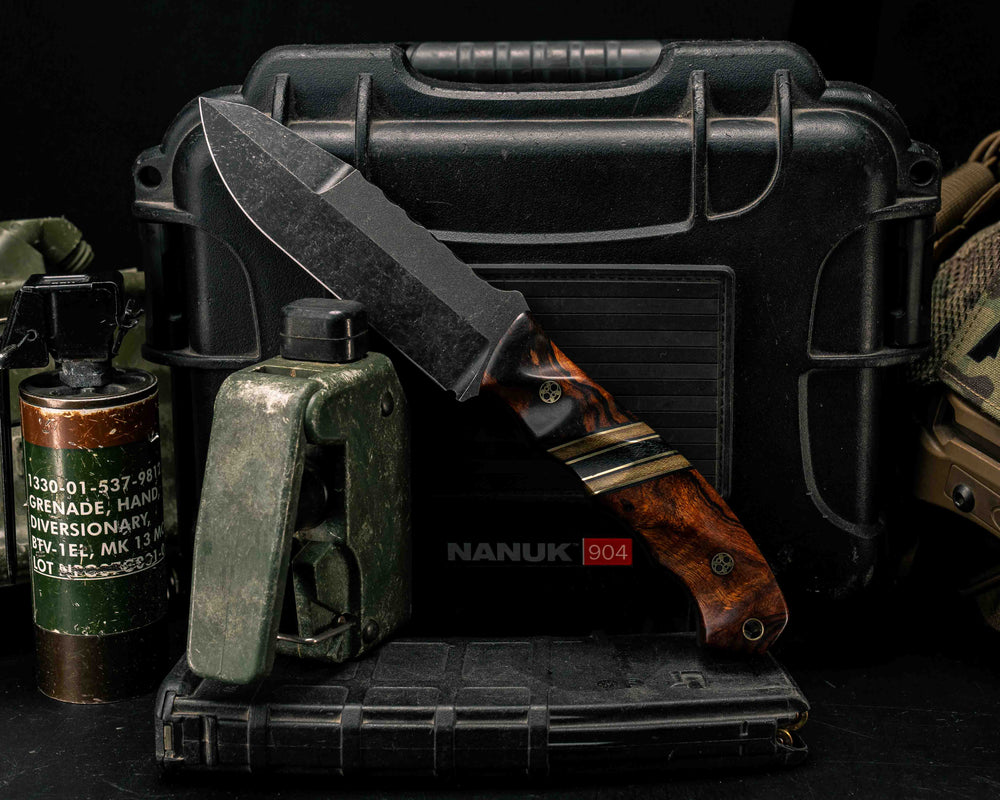 Disaster Breacher Gen 3- Desert Ironwood, Black G10 and Brass Pin Striping, OD Green Canvas Micarta and Black Canvas Micarta Split, Mosaic Pins, Brass Lanyard Pin, Textured Grip