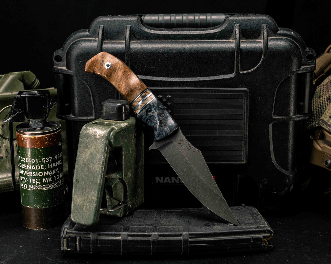 Tosahwi- Dyed Amboyna, Black G10 and Aluminum Pin Striping, Buckeye Burl Split, Teak, Mosaic Pins, Textured Grip