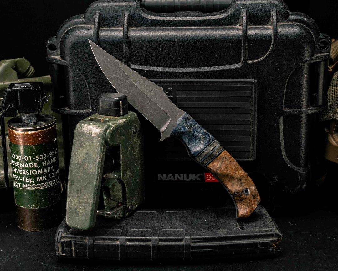 Tosahwi- Dyed Amboyna, Black G10 and Aluminum Pin Striping, Buckeye Burl Split, Teak, Mosaic Pins, Textured Grip