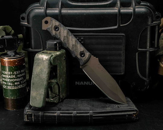 Disaster Jr- OD Green/Black Canvas Micarta, Midnight Bronze Cerakote, Allen Bolts, Textured Grip