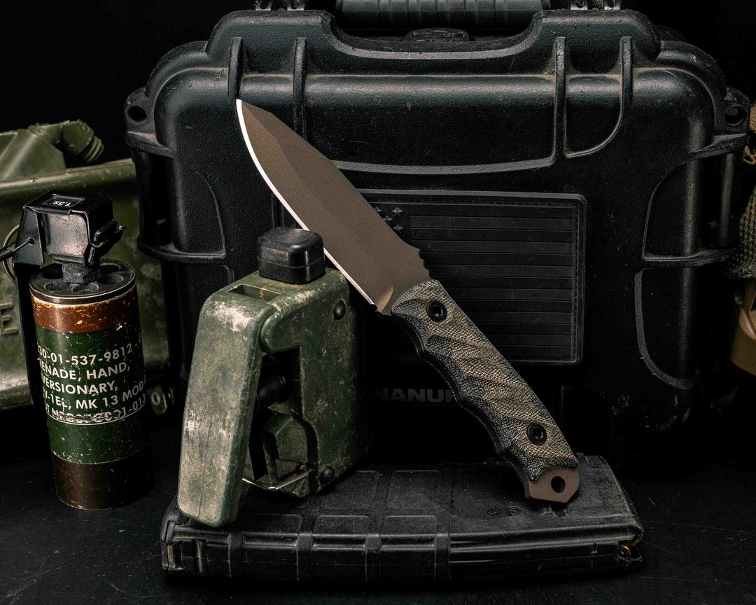 Disaster Jr- OD Green/Black Canvas Micarta, Midnight Bronze Cerakote, Allen Bolts, Textured Grip