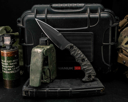 4" HUMINT - Black Canvas Micarta, Armor Black Cerakote, Allen Bolts, Textured Grip