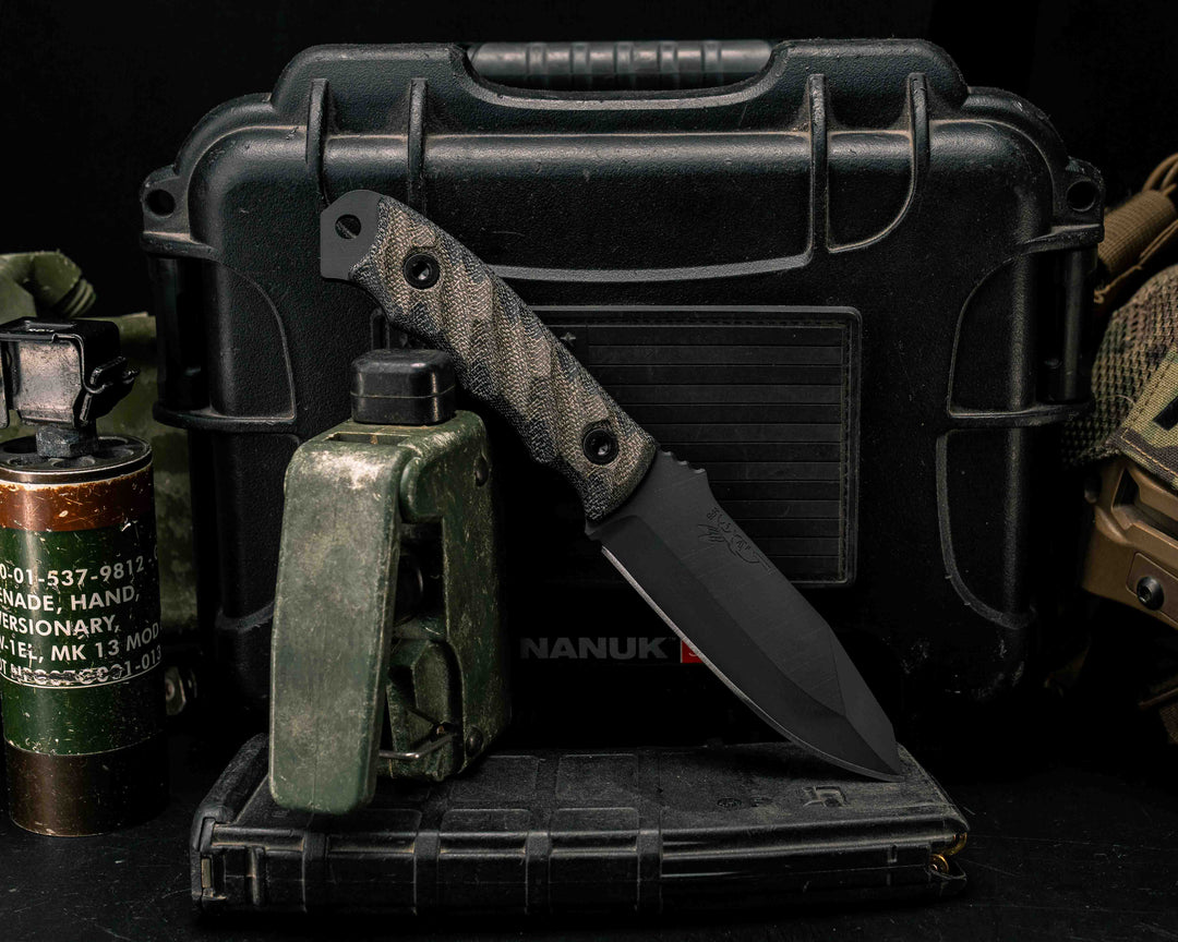 Disaster Jr- OD Green/Black Canvas Micarta, Armor Black Cerakote, Allen Bolts, Textured Grip
