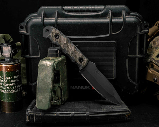 Disaster Jr- OD Green/Black Canvas Micarta, Armor Black Cerakote, Allen Bolts, Textured Grip