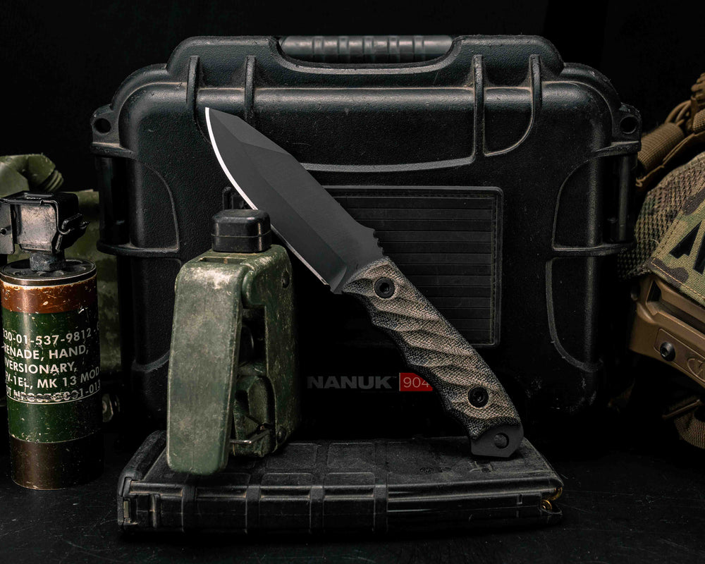 Disaster Jr- OD Green/Black Canvas Micarta, Armor Black Cerakote, Allen Bolts, Textured Grip