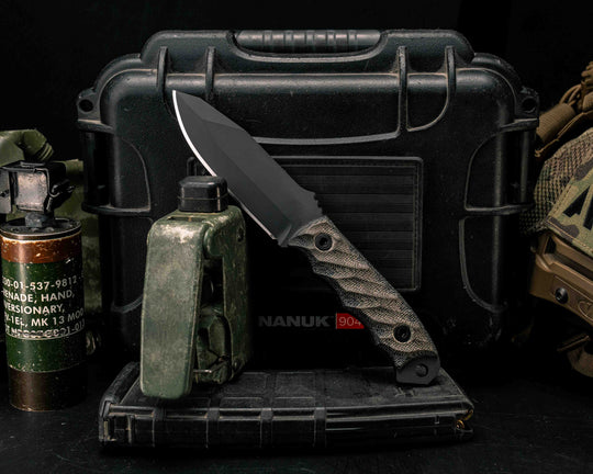 Disaster Jr- OD Green/Black Canvas Micarta, Armor Black Cerakote, Allen Bolts, Textured Grip