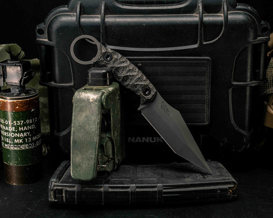 Ringed Tac Tanto- Black Burlap Micarta, Allen Bolts, Textured Grip