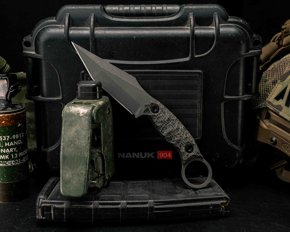 Ringed Tac Tanto- Black Burlap Micarta, Allen Bolts, Textured Grip