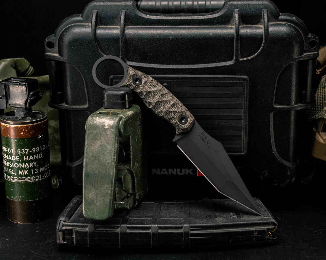 Ringed Tac Tanto- OD Green Canvas Micarta, Armor Black Cerakote,  Allen Bolts, Textured Grip