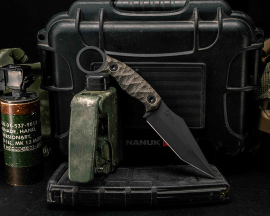Ringed Tac Tanto- OD Green Canvas Micarta, Armor Black Cerakote,  Allen Bolts, Textured Grip