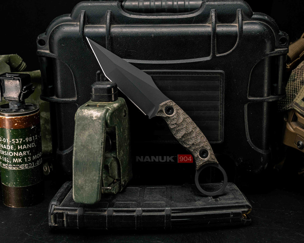 Ringed Tac Tanto- OD Green Canvas Micarta, Armor Black Cerakote,  Allen Bolts, Textured Grip