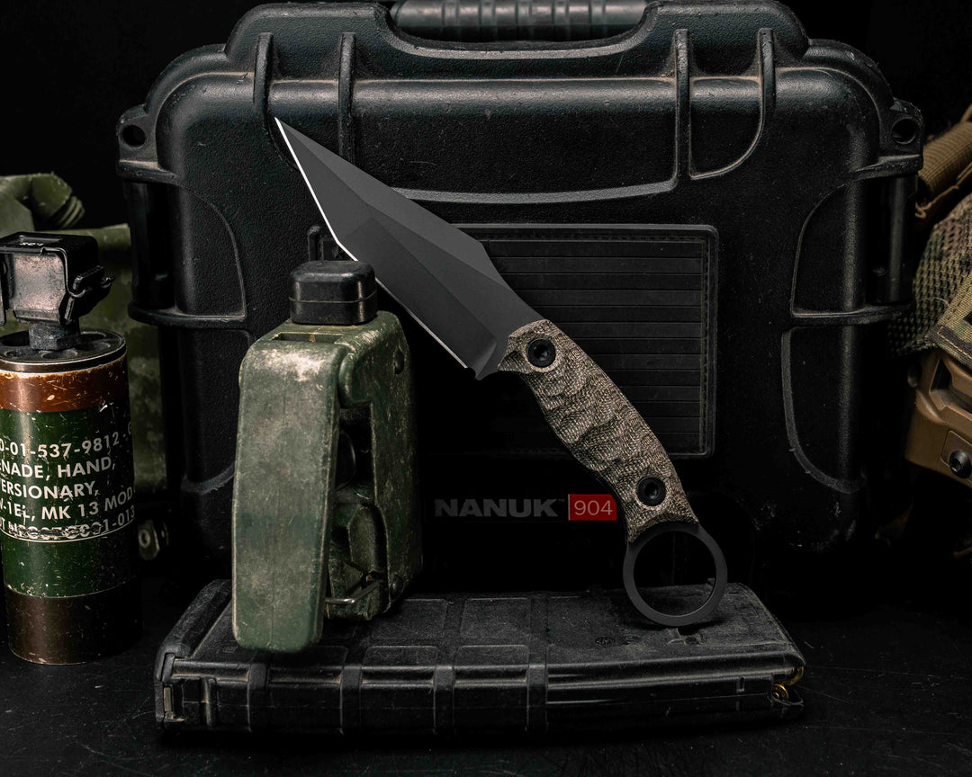 Ringed Tac Tanto- OD Green Canvas Micarta, Armor Black Cerakote,  Allen Bolts, Textured Grip
