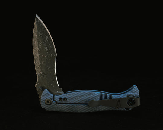 Extremis Folder - Anodized Blue Ti Scales, Acid Splashed Blade, Deep Carry Pocket Clip