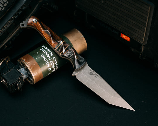 SHAW SHIV x HFB- Desert Ironwood Over Silver Dragon Strike Carbon, Black G10, Brass, Aluminum and Coyote G10 Pin Striping, Copper Dragon Strike Carbon Split, Desert Ironwood, Mosaic Pins, Textured Grip
