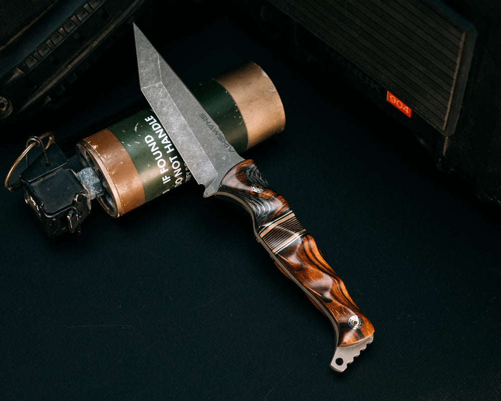SHAW SHIV x HFB- Desert Ironwood Over Silver Dragon Strike Carbon, Black G10, Brass, Aluminum and Coyote G10 Pin Striping, Copper Dragon Strike Carbon Split, Desert Ironwood, Mosaic Pins, Textured Grip