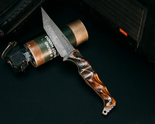 SHAW SHIV x HFB- Desert Ironwood Over Silver Dragon Strike Carbon, Black G10, Brass, Aluminum and Coyote G10 Pin Striping, Copper Dragon Strike Carbon Split, Desert Ironwood, Mosaic Pins, Textured Grip