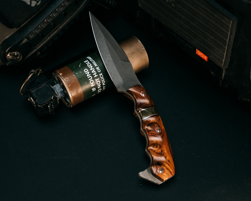 4" HUMINT- Desert Ironwood, Black G10 & Copper Pin Striping, Green Micarta Split, Copper Patriot Mosaic Pins, Grooved Grip