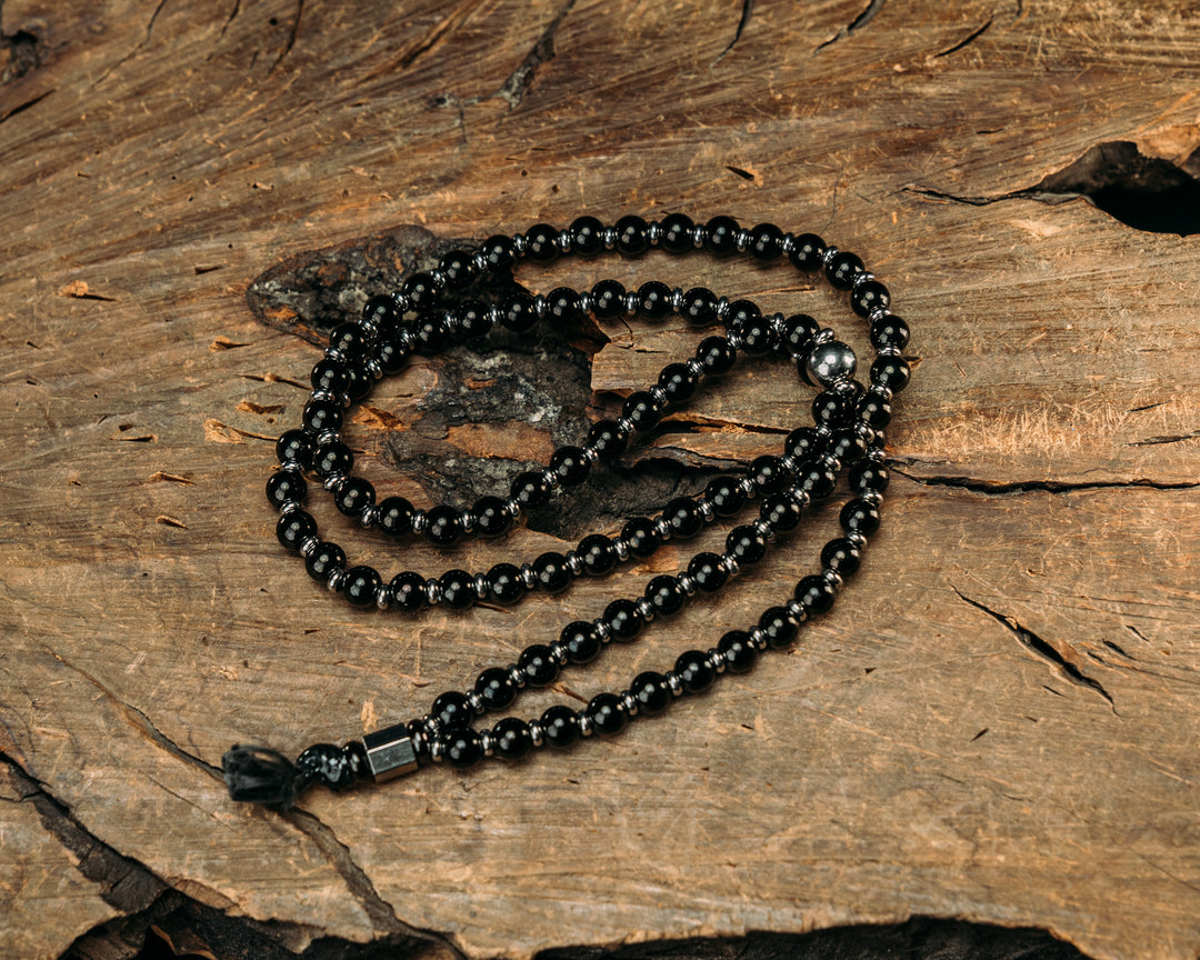 War Mala Bead Necklace - Black SS 8mm Beads w/ Silver Spacers & Silver Hexagon End Piece