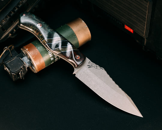 Field Knife- Desert Ironwood, Black G10 and Aluminum Pin Striping, Green Dark Matter FAT Carbon and Black Canvas Micarta Split, Dyed Redwood, Copper Patriot Mosaic Pins, 1/8" Copper Pin, Contoured Grip