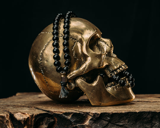 War Mala Bead Necklace - Black SS 10mm Beads w/ Silver Spacers & Silver Hexagon End Piece