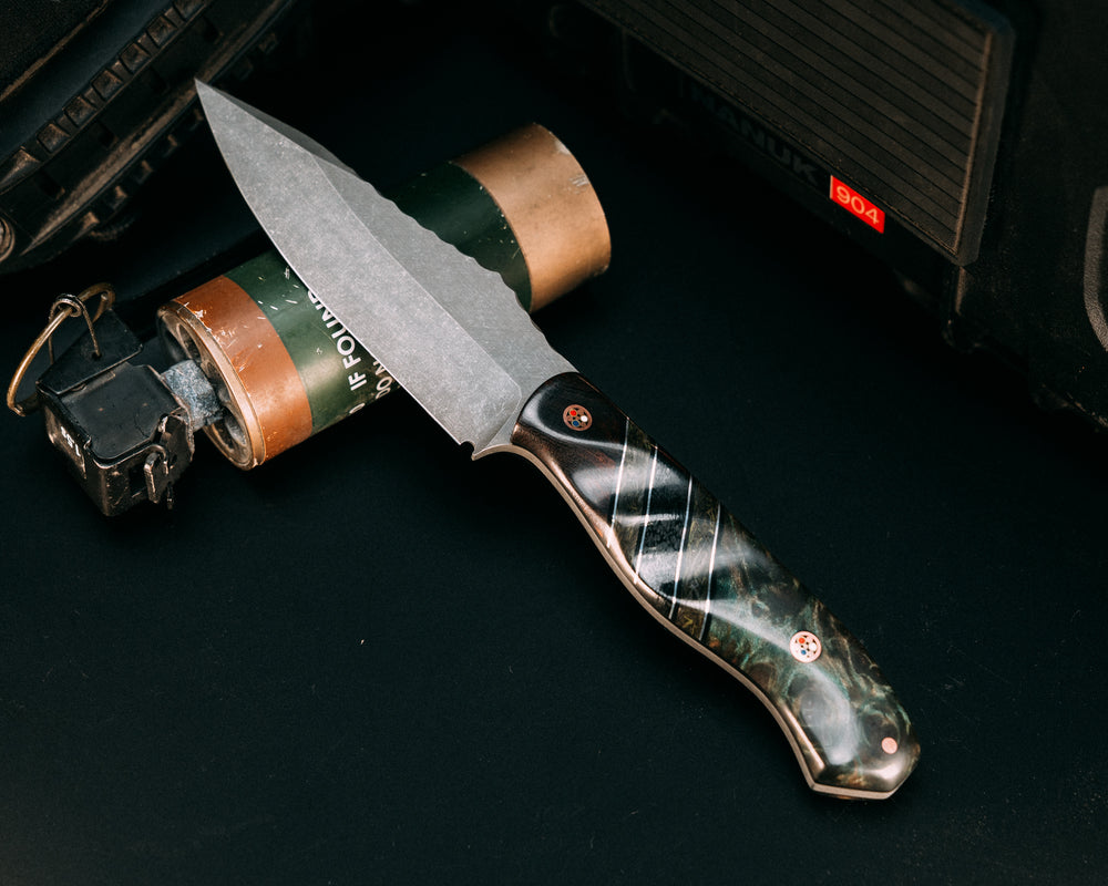 Field Knife- Desert Ironwood, Black G10 and Aluminum Pin Striping, Green Dark Matter FAT Carbon and Black Canvas Micarta Split, Dyed Redwood, Copper Patriot Mosaic Pins, 1/8" Copper Pin, Contoured Grip
