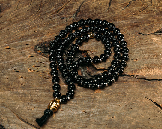 War Mala Bead Necklace - Black SS 10mm Beads w/ Silver Spacers & Brass End Piece