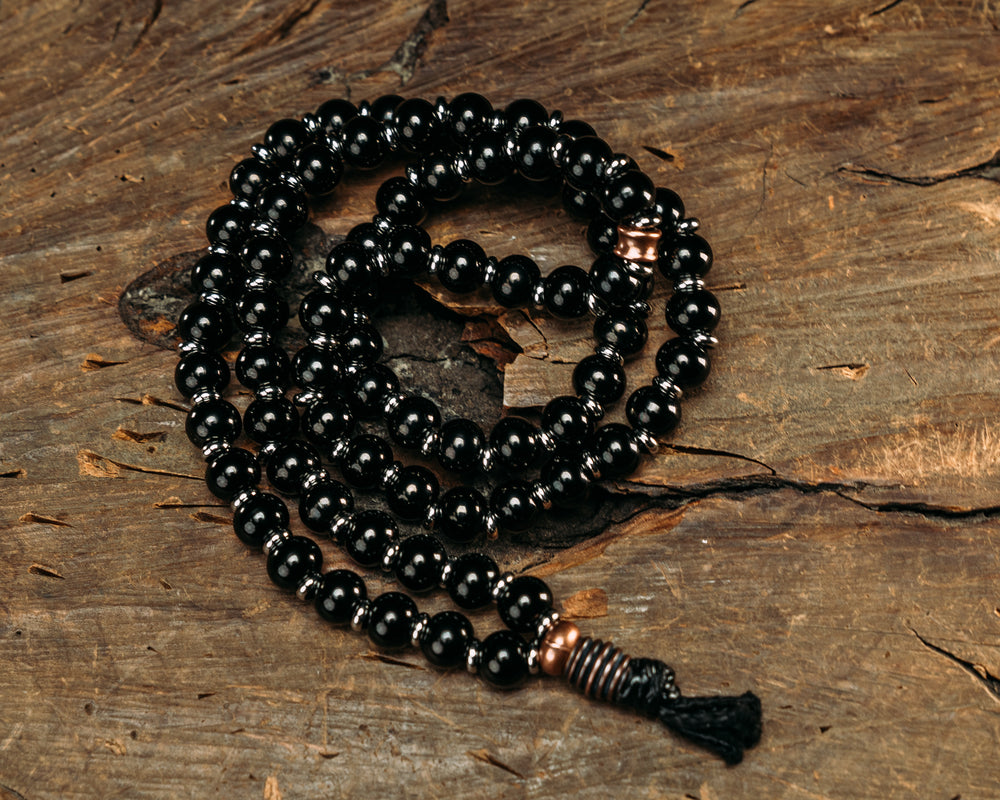 War Mala Bead Necklace - Black SS 10mm Beads w/ Silver Spacers & Copper End Piece