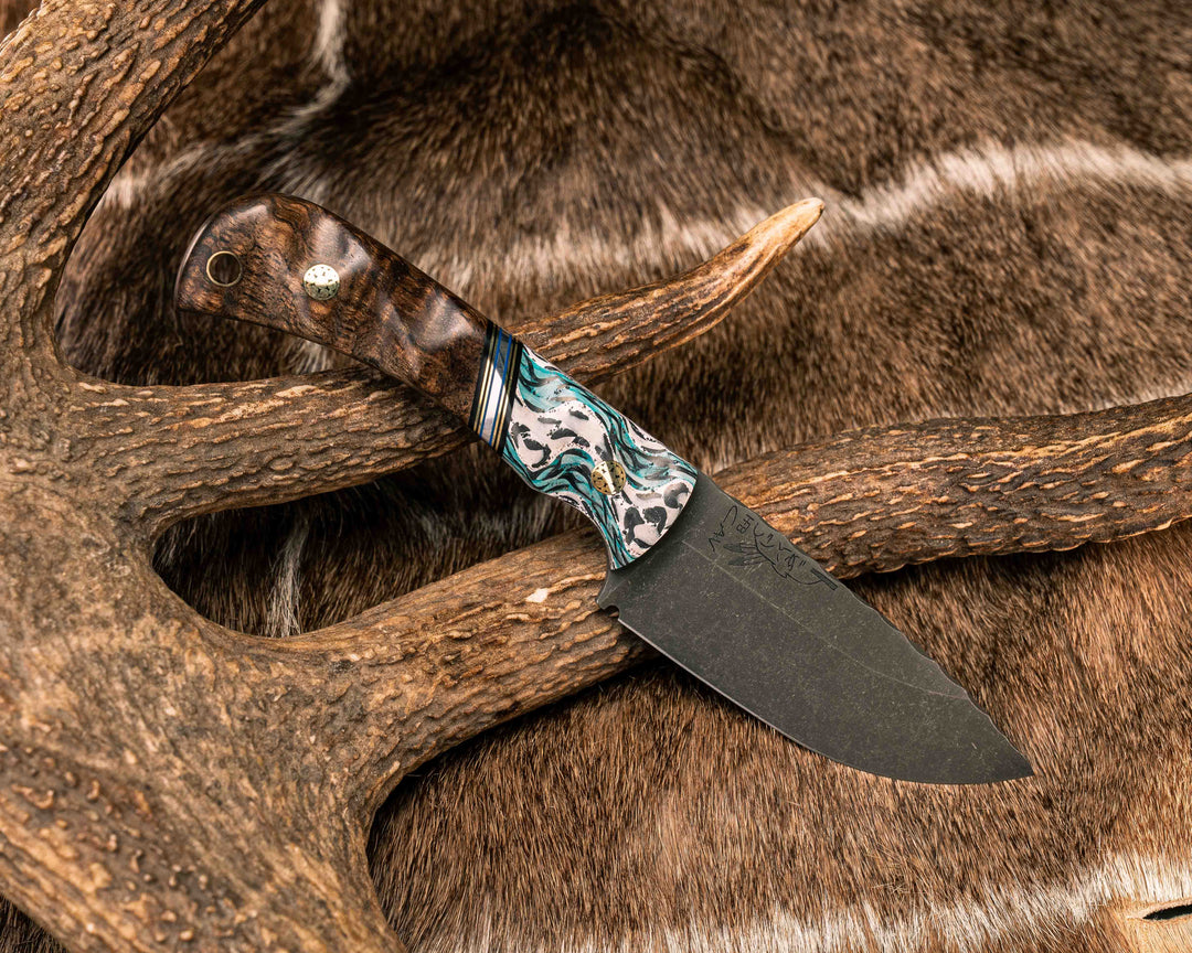 Cav Jr- Winter Crow Carbon, Black G10, Brass, Blue G10 and Aluminum Split, Hawaiian Curly Mango, Mosaic Pins, Brass Lanyard Pin, Textured Grip