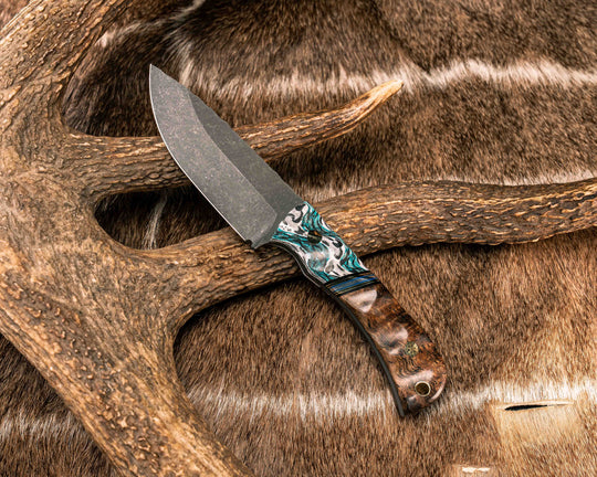 Cav Jr- Winter Crow Carbon, Black G10, Brass, Blue G10 and Aluminum Split, Hawaiian Curly Mango, Mosaic Pins, Brass Lanyard Pin, Textured Grip
