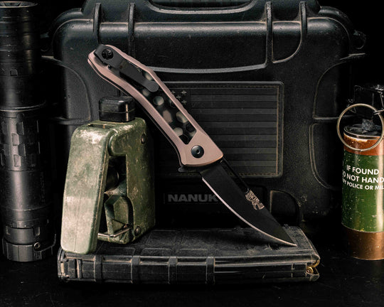 Custom Kwaiken Folder- Raffir Noble Wasp Uranium Glow, Anodized Grey Handle, Black Nitride Blade, Smooth Grip, Deep Carry Pocket Clip